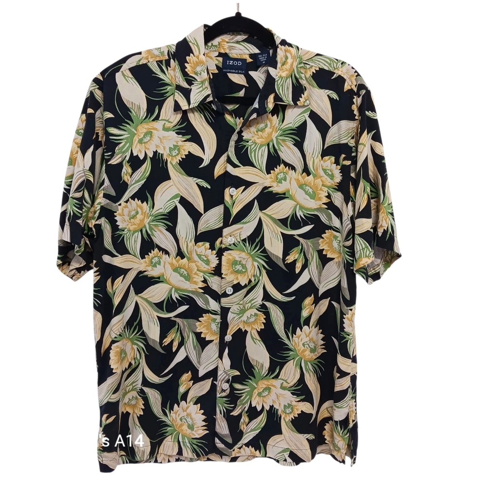 Izod 100% Silk Hawaiian Shirt Tropical Medium Button Up Black Short Sleeve